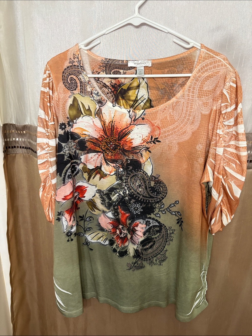 Dress Barn Peach Green Floral Scoop Neck Short Sleeve Top
